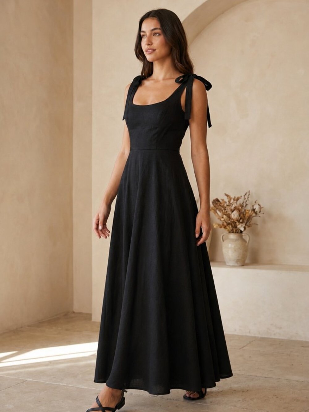 Shoshanna Tie Strap Fit and Flare Midi Dress Size 6 Black EUC